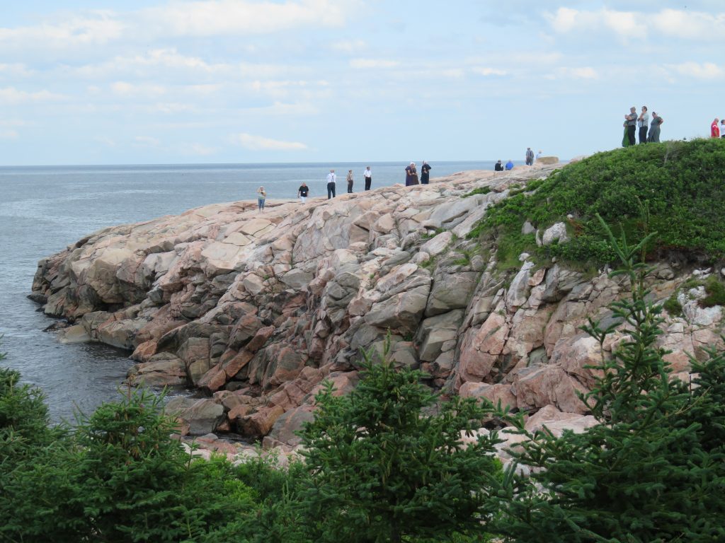 Pinkish rocks with green trees by the ocean.
