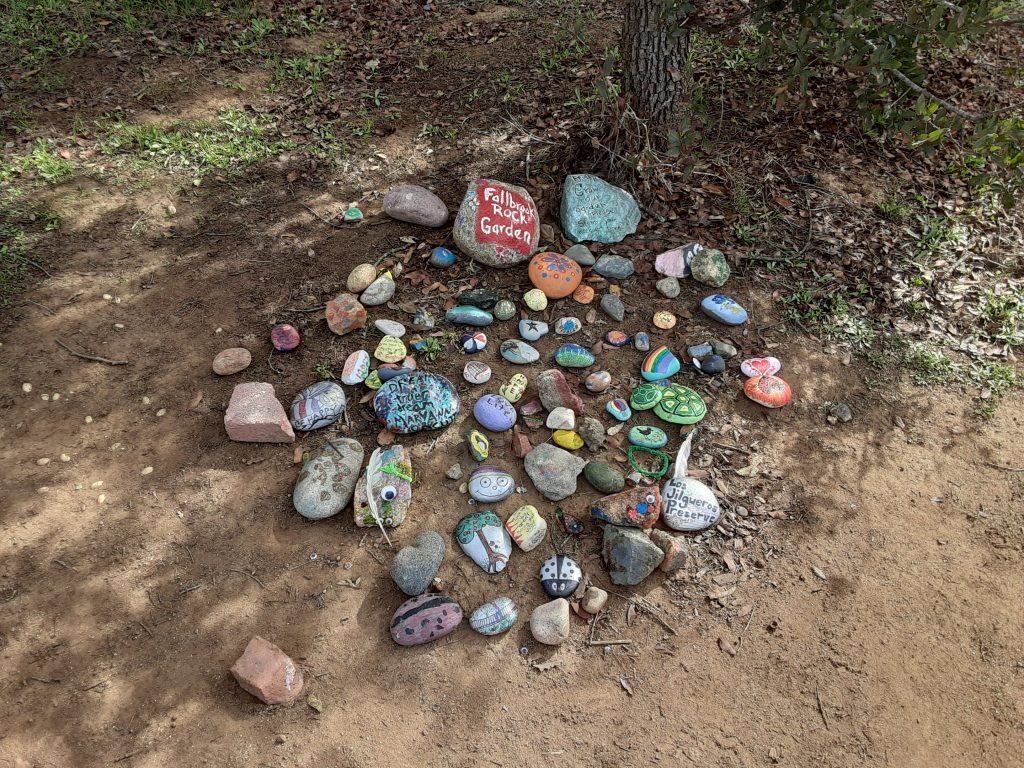 A cluster of painted rocks by a tree